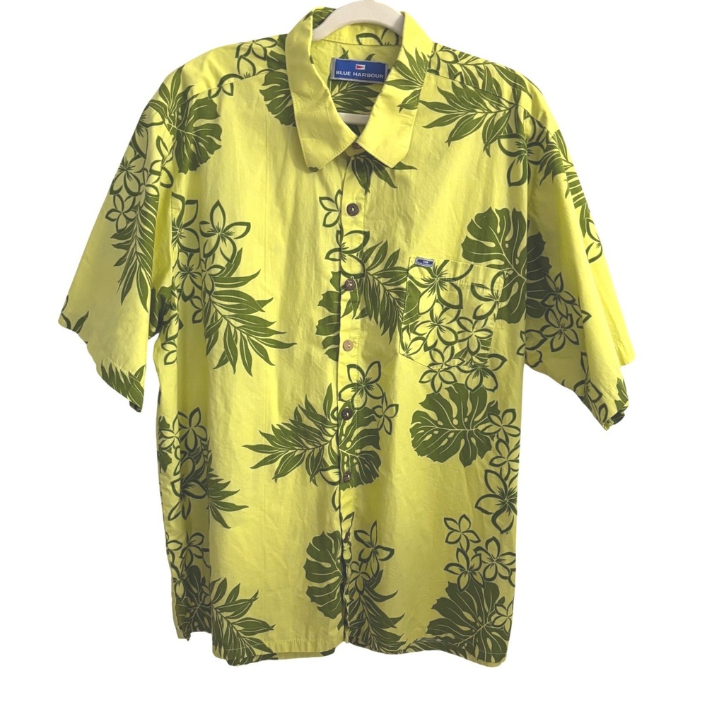 Blue Harbour Mens 100% Cotton Hawaiian Lime Green Floral Tropical Relax Fit 3XL